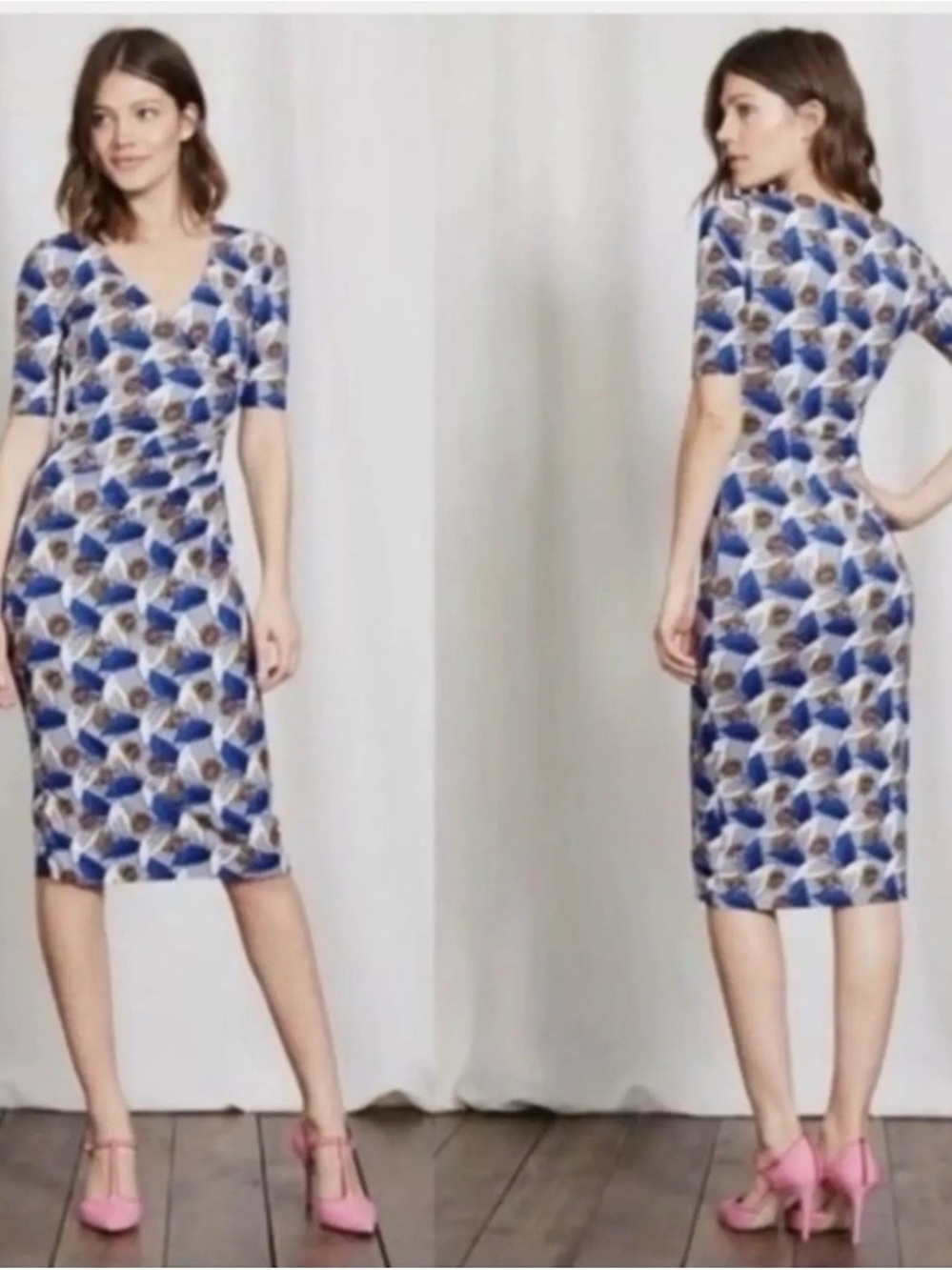 Boden Blue and White Ruched Jersey Midi Dress